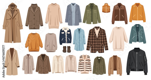 Collection of stylish casual and winter outfits, including coats, jackets, sweaters, pants, and dresses in neutral colors.