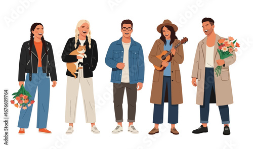 Group of diverse young friends smiling together, holding pets, flowers, and guitar, enjoying casual happy moments outdoors.