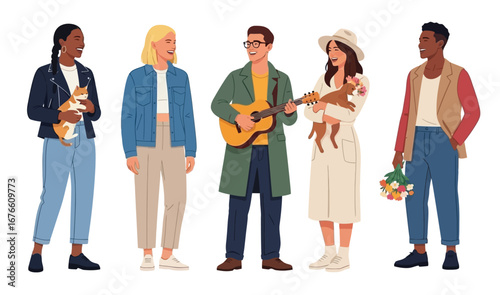 Group of diverse young friends smiling together, holding pets, flowers, and guitar, enjoying casual happy moments outdoors.