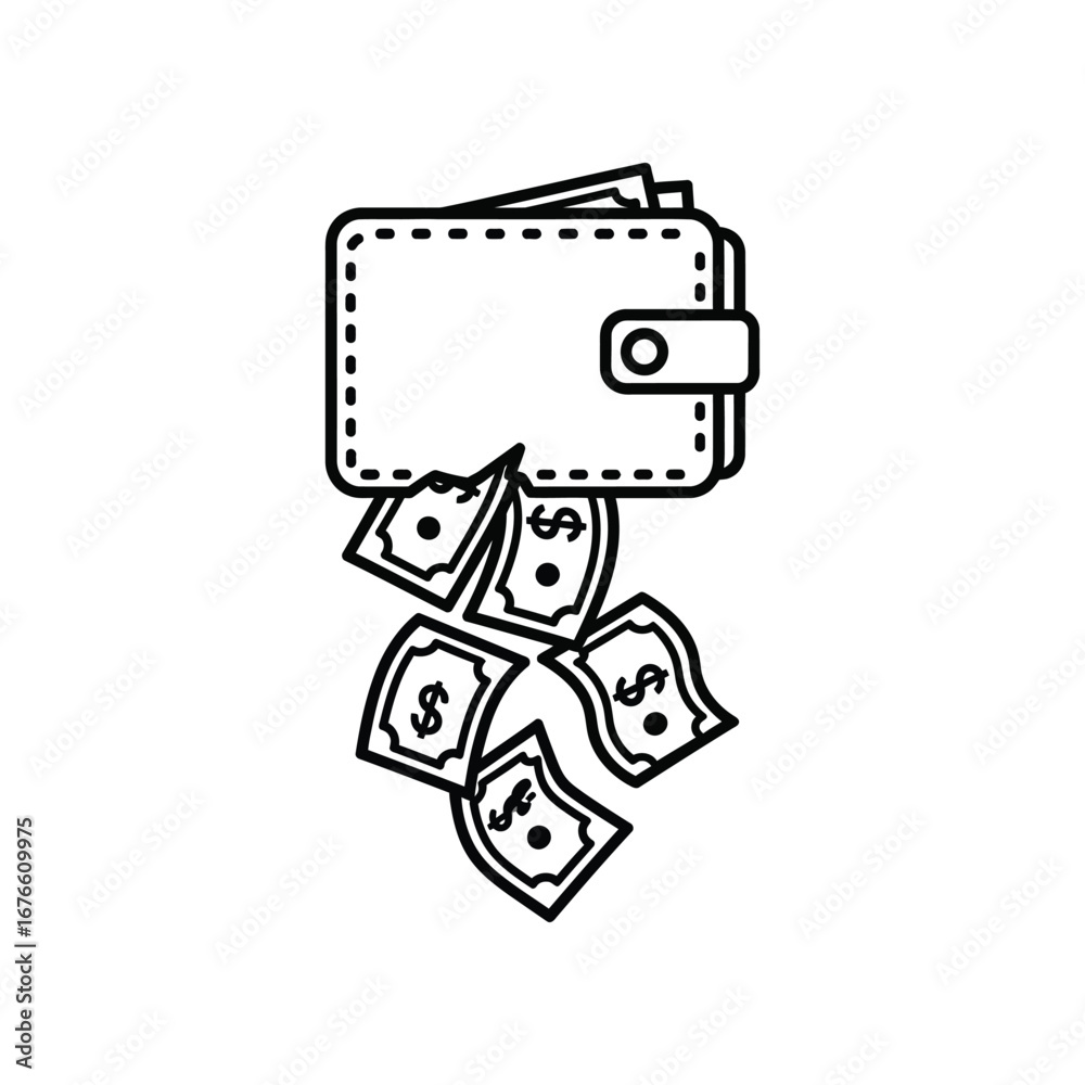 Obraz premium Wallet and Finances: A monochrome depiction of a wallet from which money is falling out. Illustrates the concepts of spending, overspending, and financial management.