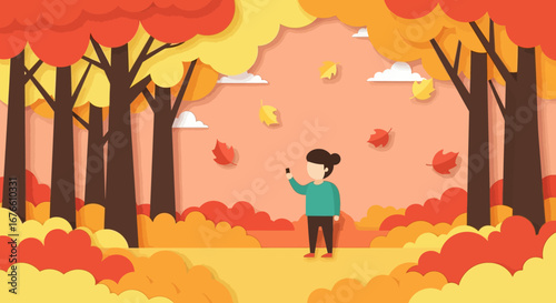 A Person Capturing Autumn's Beauty with a Smartphone in a Forest