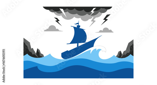 A Stormy Sea Voyage of a Silhouetted Sailboat