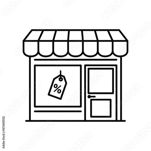 Retail Store Sale: A simple, minimalistic illustration of a retail store with a prominent sale tag displayed in the window, emphasizing the concept of discounts and promotions.
