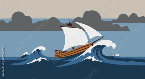 A Wooden Sailing Vessel Navigating Turbulent Seas Under a Stormy Sky