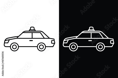 Police Car Line Drawing Vector. Simple Black Icon on White Background