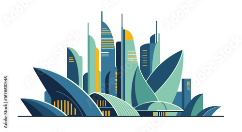 Abstract Cityscape Depicting Modern Architecture in Shades of Blue and Green