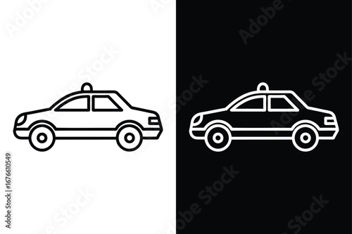 Black and White Police Car Line Icon. Modern Vector Illustration