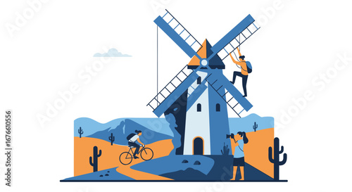 Adventurous People Exploring a Windmill in a Desert Landscape.