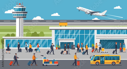 Airport scene with passengers, luggage, control tower, and a taking off airplane