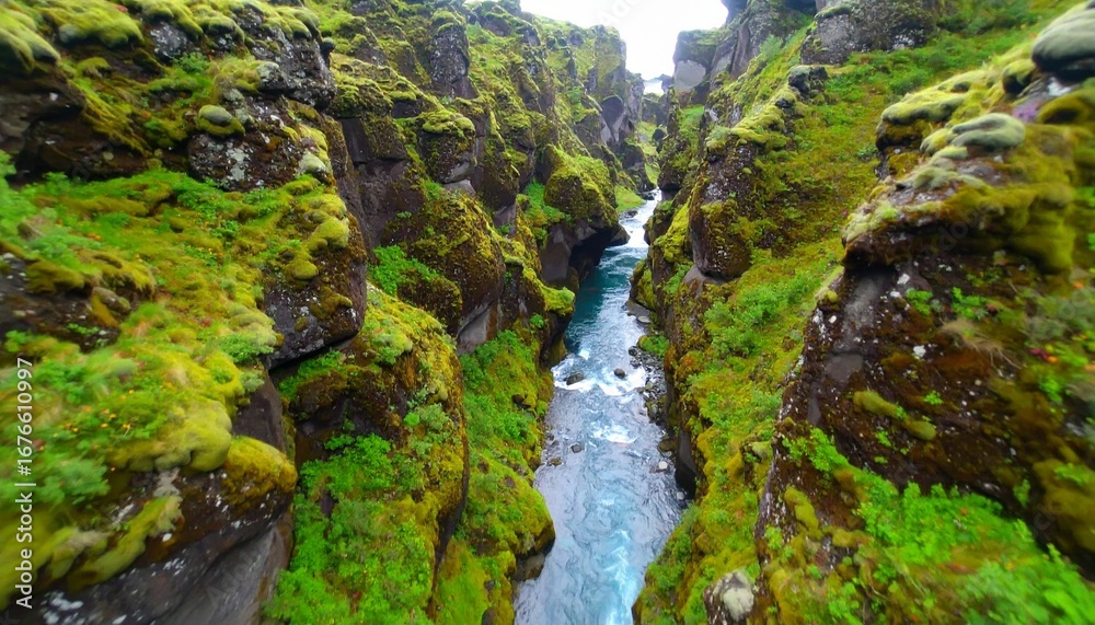 Fototapeta premium Dramatic aerial view of a vibrant turquoise river flowing through a deep, lush green canyon with moss-covered rock walls.