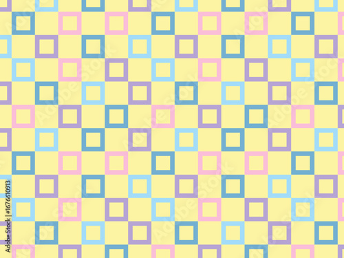 Pastel square pattern in soft pink, blue, yellow, and purple on a pale yellow background