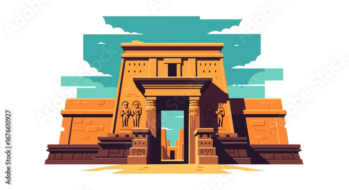 Ancient Egyptian Temple Facade with Carved Figures and Sky View