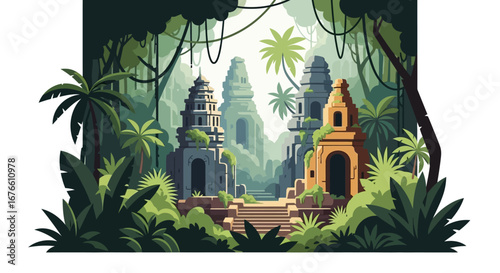 Ancient jungle temple ruins with overgrown vegetation and towering structures