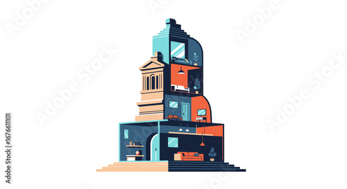 Architectural Cross-Section Depicting Interior Spaces and Modern Living