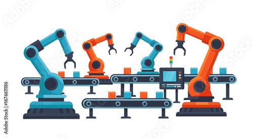 Automated Assembly Line with Robotic Arms and Conveyor Belts