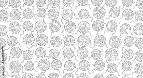 Seamless pattern featuring numerous balls of yarn, arranged in a repeating design, with loose ends creating a whimsical, textured look.