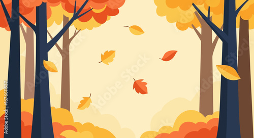 Autumnal Forest Scene with Falling Leaves and Minimalist Trees
