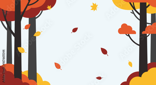 Autumnal Forest Scene with Falling Leaves and Minimalist Trees