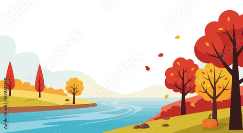 Autumnal River Landscape with Colorful Trees and a Lone Pumpkin