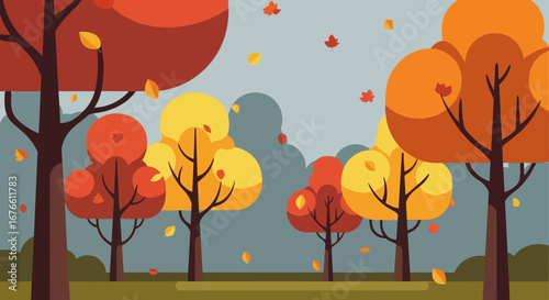 Autumnal Treescape: Stylized Fall Foliage and Falling Leaves