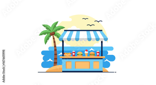 Beachside Food Stand with Striped Awning, Palm Tree, and Cartoonish Ocean
