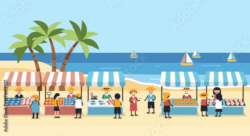 Beachside market scene with vendors, customers, palm trees and sailboats