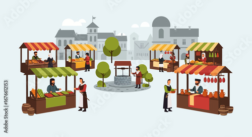 Bustling medieval marketplace scene with merchants and various stalls