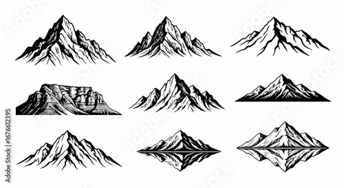 A collection of nine detailed, monochrome vector illustrations of various mountain peaks and ranges, some with reflections.