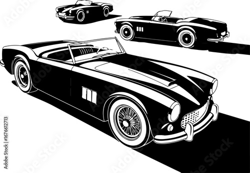 "Classic Convertible Car Illustrations – Vintage Black & White Style"