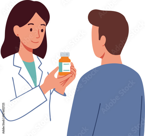 Pharmacist Showing Medicine to Patient Guidance Clean Flat Vector Illustration