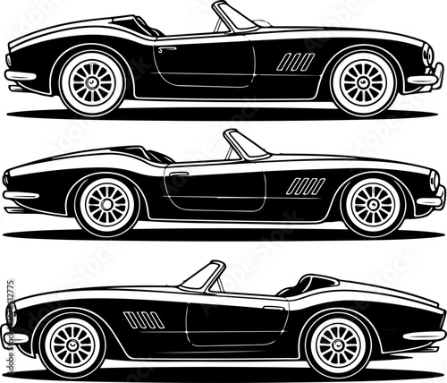 "Classic Convertible Car Illustrations – Vintage Black & White Style"