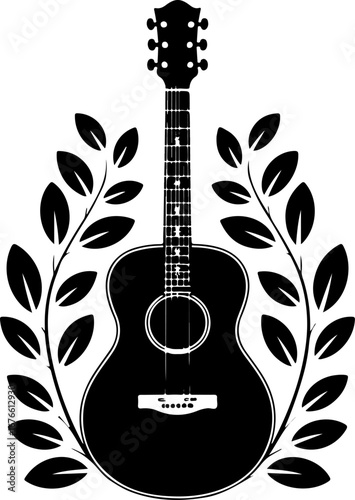 Acoustic Guitar with Decorative Leafy Vines Silhouette" Vector