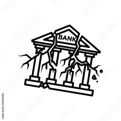 Bank's Crisis : Illustrating a financial crisis, a stark outline of a bank building crumbles, conveying economic instability. The graphic art embodies the fragility of financial systems.