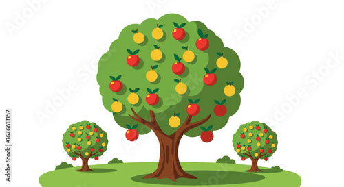 Cartoon Apple Orchard with Red and Yellow Fruit on a Green Grassy Hill