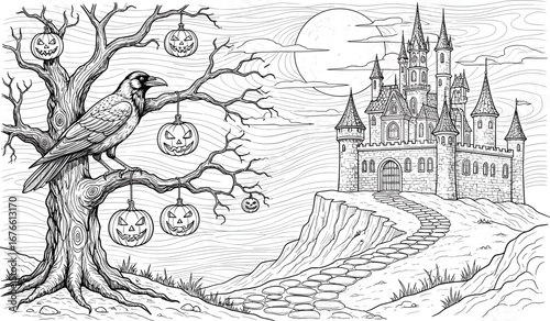 Coloring pages with Halloween angel or witch and crow bird