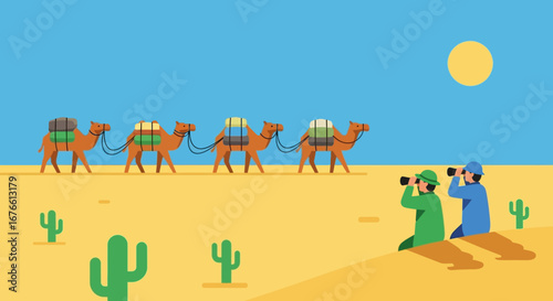 Caravan of Camels and Observers in a Desert Landscape Under the Sun