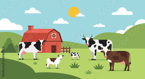 Cartoon Cows Grazing near a Red Barn on a Sunny Day