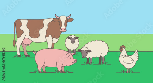 Cartoon Farm Animals Grazing on Green Pasture Under Blue Sky