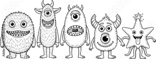 Funny and cute Alien monster with three eyes for kids. Imaginary creature for children coloring book, black and white outline fantasy cartoon for coloring pages.