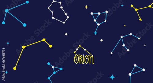 Celestial Constellations Depicted with Colorful Lines and Starry Dots on Dark Blue