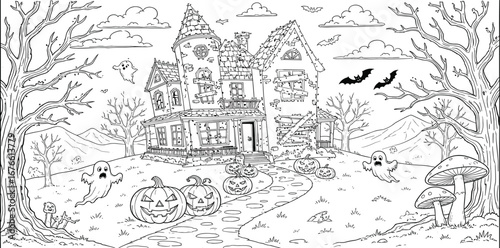 Halloween background with Witch house outlined for coloring page