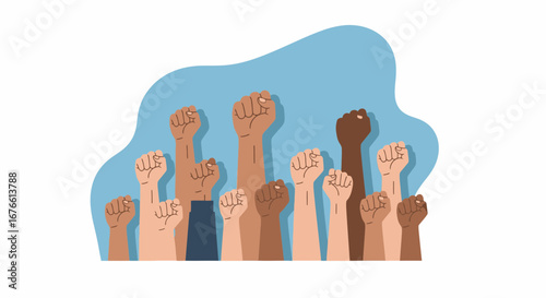 Diverse raised fists symbolizing unity, power, and solidarity against a light blue background, representing activism and social justice.