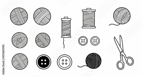 A collection of line art illustrations featuring yarn balls, thread spools, buttons, and scissors, arranged on a white background.