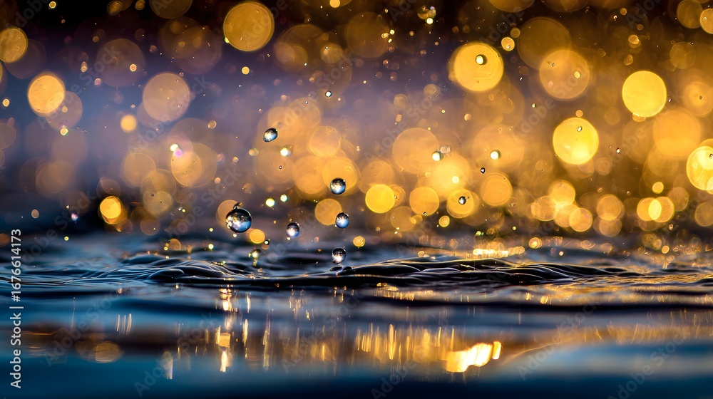 Naklejka premium Sparkling water droplets, illuminated by warm golden lights, create a captivating bokeh effect, showcasing a serene and mesmerizing scene.