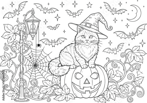 Halloween coloring page. Cat in a hat, halloween pumpkin, flying bats, spider web, hanging lantern, moon and stars. 