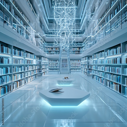 Modern futuristic library with glowing holographic technology displays image