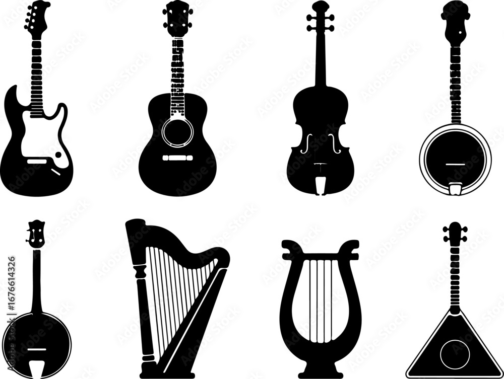 Fototapeta premium Silhouettes of String Musical Instruments Collection