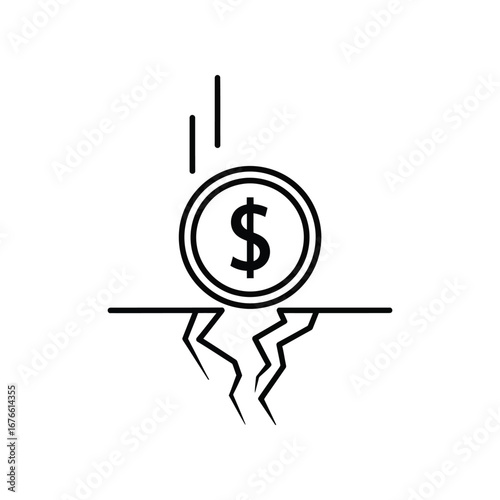 Economic Instability: A visual metaphor of financial fragility and potential economic collapse. A dollar symbol falls into a deep crack, representing economic uncertainty.