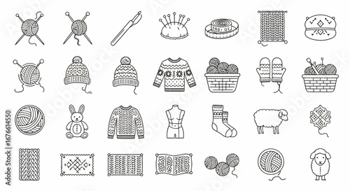 A collection of line art icons depicting various knitting and sewing related items, including yarn, needles, sweaters, hats, and other crafting tools.