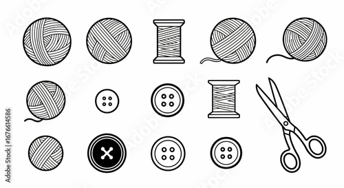 A collection of line art illustrations featuring yarn balls, spools of thread, buttons, and scissors, arranged in a row.